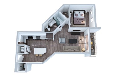 Floor plan for 1 bed, 1 bath, 694 sqft